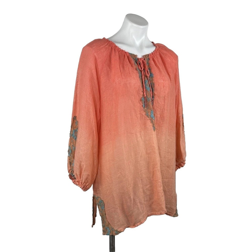 Chicos‎ Linen Ombre Tunic Top Coral Orange Blue Lace Embroidery Womens 3 US XL